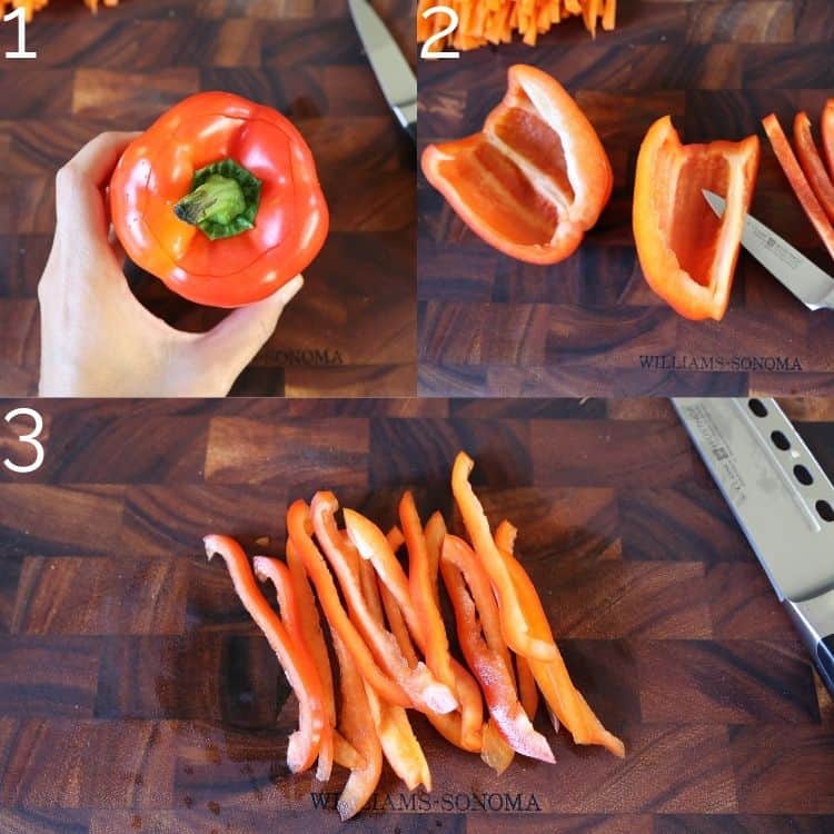 slicing red bell peppers on a cutting board