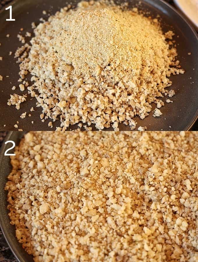 macadamia nuts, sunflower seeds, and panko breadcrumbs being mixed together