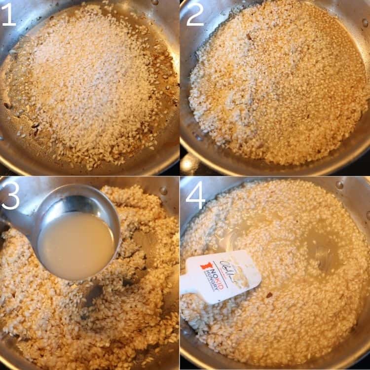 adding broth to risotto rice