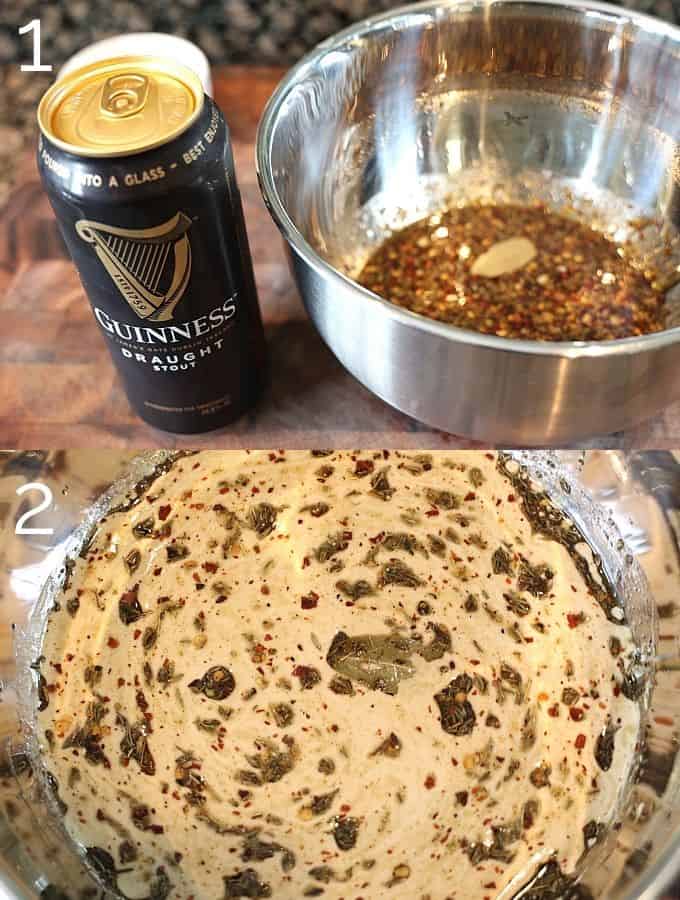 guinness beer being poured into chicken marinade in metal bowl