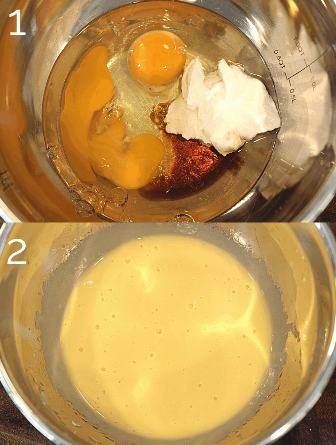 eggs, coconut oil, yogurt, being whisked in a bowl
