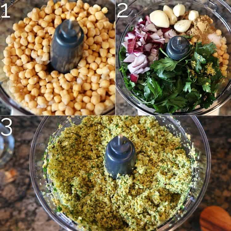 chickpeas and herbs being blended in a food processor
