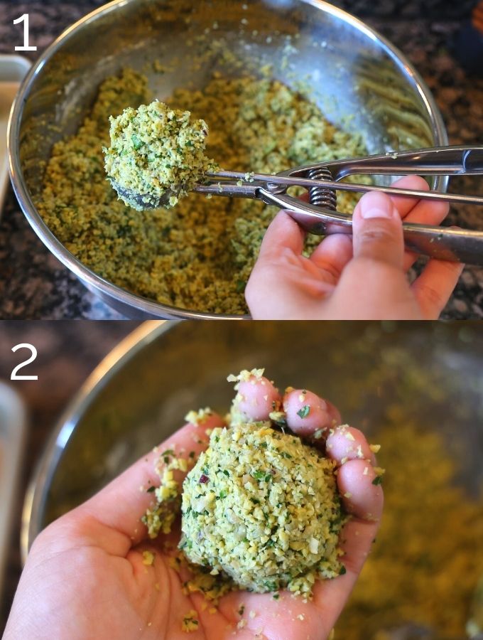 scooping falafel mix and forming into a ball in hand