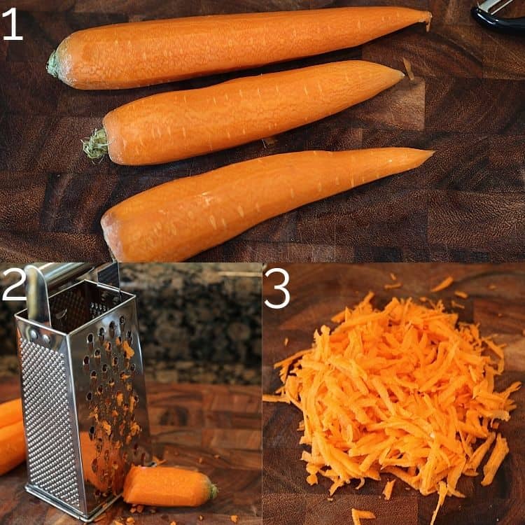 grating carrots on a cutting board