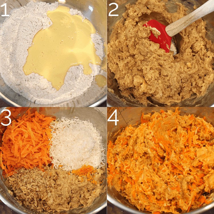 folding shredded carrot, walnuts, and coconut into carrot cake batter