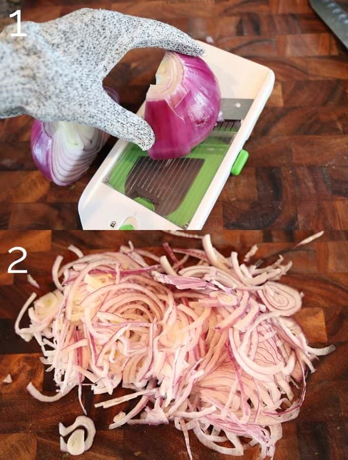 slicing a red onion using a mandoline on a cutting board