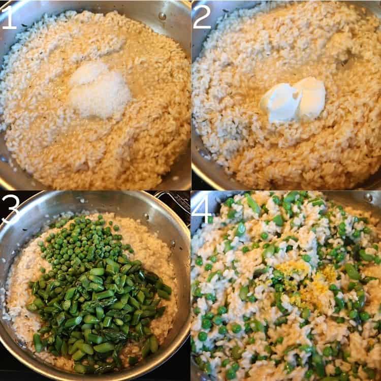adding cheese and asparagus to risotto in skillet