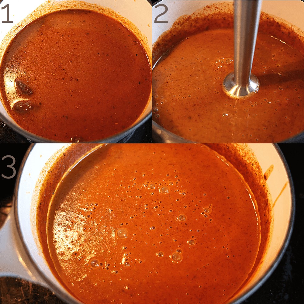 blending enchilada sauce with an immersion blender