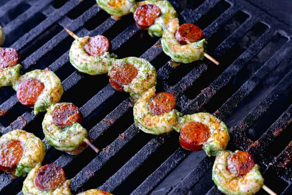 shrimp and chorizo skewers on grill