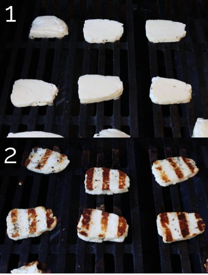 grilling sliced halloumi cheese on the grill