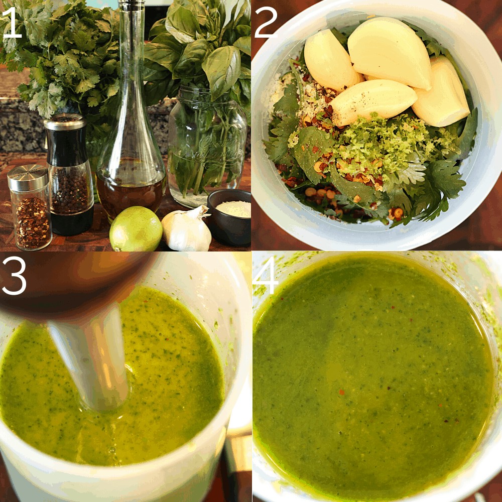 blending herb marinade with cilantro, basil, garlic, and lime in a cup