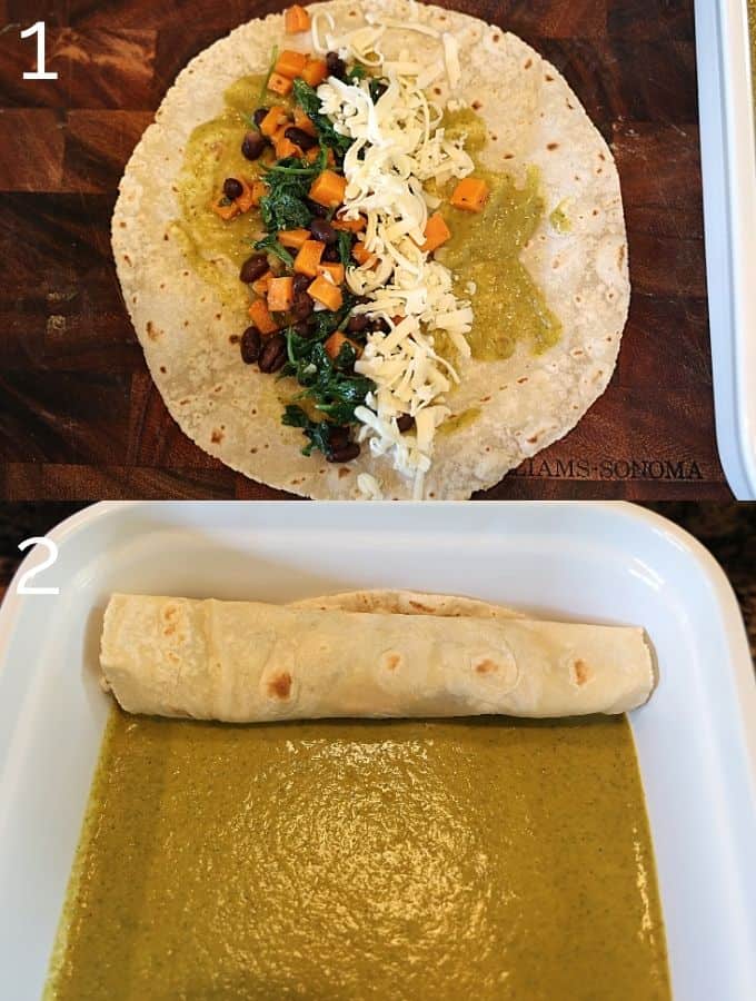 filling tortilla with sweet potato black bean mix and rolling enchilada 