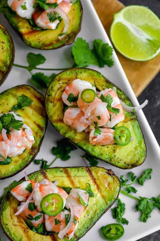 grilled avocado stuffed with seafood mixture