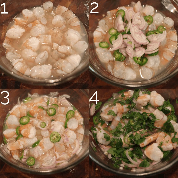 lime juice, shrimp, shallots, cilantro in a bowl in lime juice