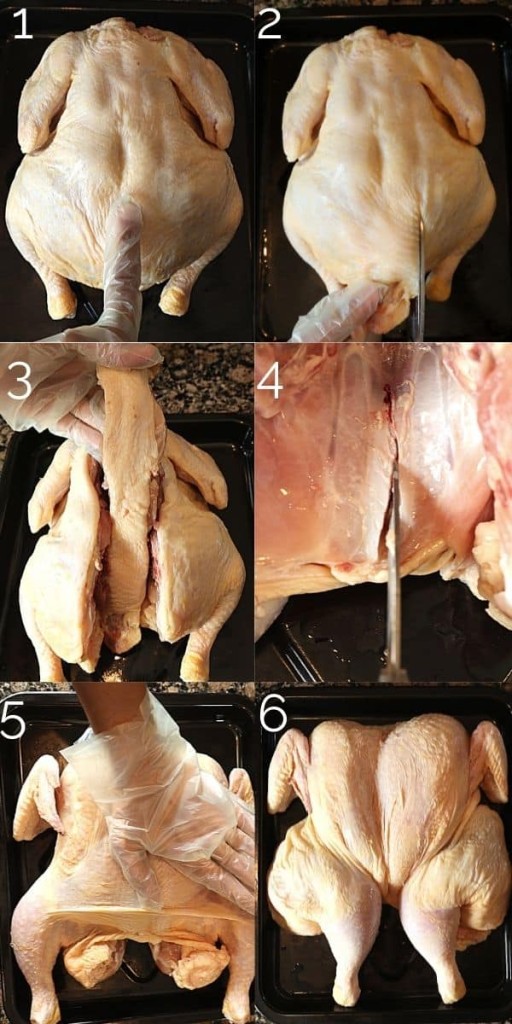 step-by-step removing backbone of chicken to spatchcock and pressing breast bone down