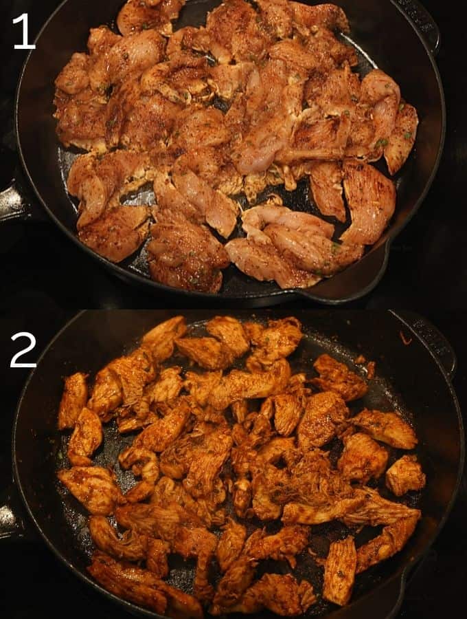 cooking chicken fajitas in cast iron skillet