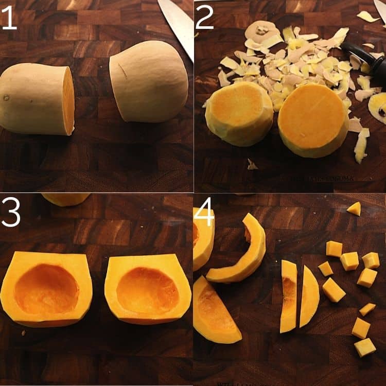 cutting and peeling a butternut squash, scooping out seeds, and dicing on a cutting board