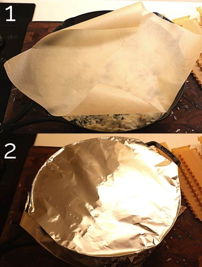 covering lasagna In cast iron skillet with parchment paper and foil