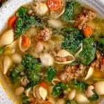 soup bowl with white beans, hot italian sausage, spinach, and carrots