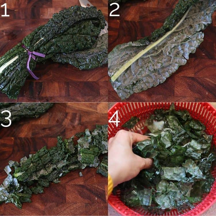 cutting kale and massaging it in water