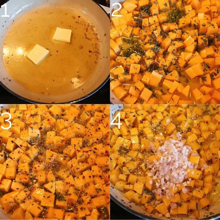 cooking diced butternut squash with fresh sage, thyme, and red pepper flakes