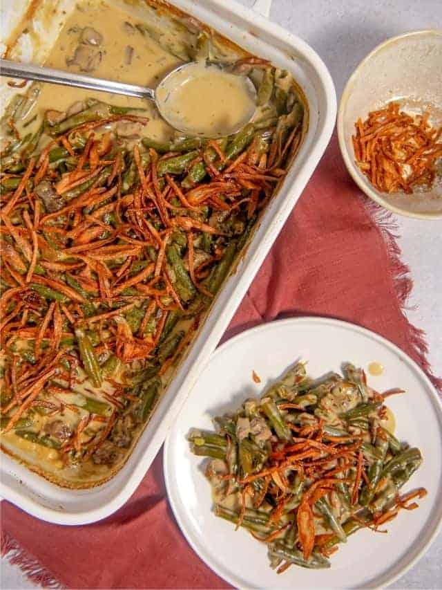 creamy green bean casserole topped with fried shallots