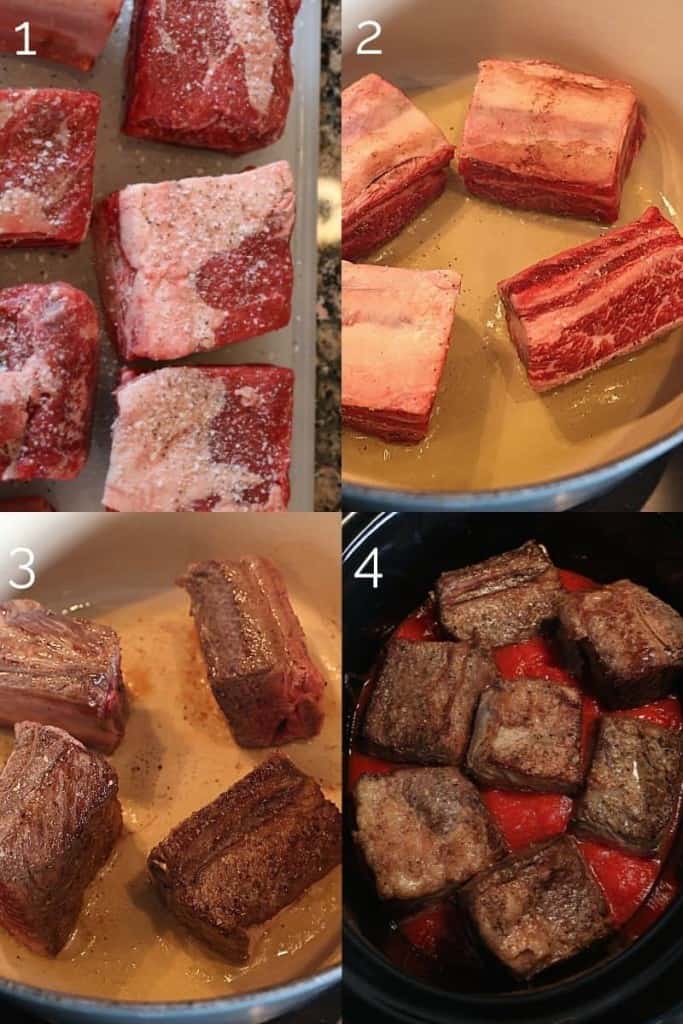 searing beef short ribs in a dutch oven in oil, then placing seared short ribs in a slow cooker