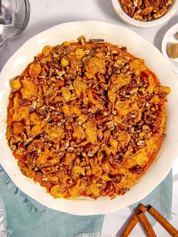 sweet potato casserole with crunchy cornflake and pecan topping