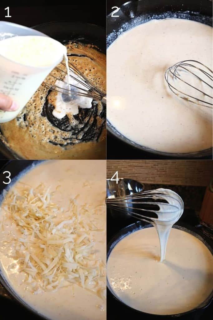 milk being whisked into roux in cast iron pan and cheese being added
