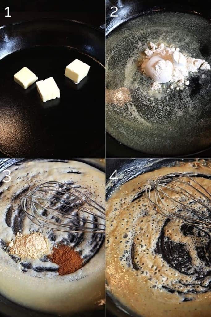 making a roux with a whisk, butter, and flour in a cast iron skillet