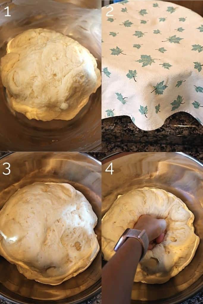 dough rising in a metal bowl