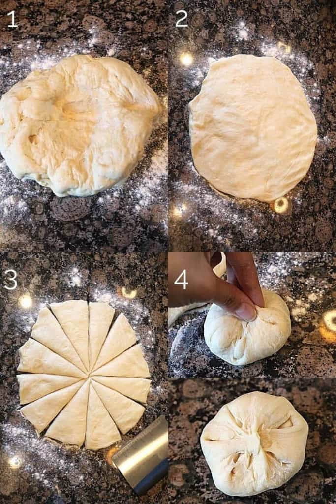 rolling out dough and forming into balls with hands