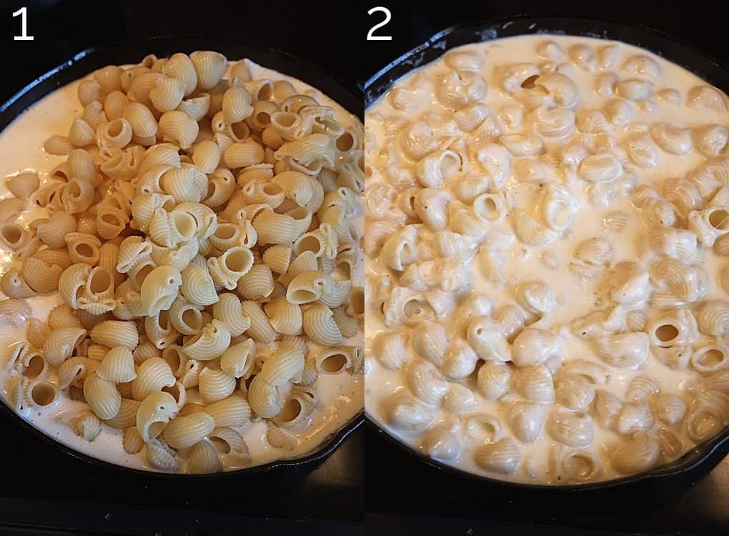 pasta being added to mac and cheese sauce in cast iron skillet