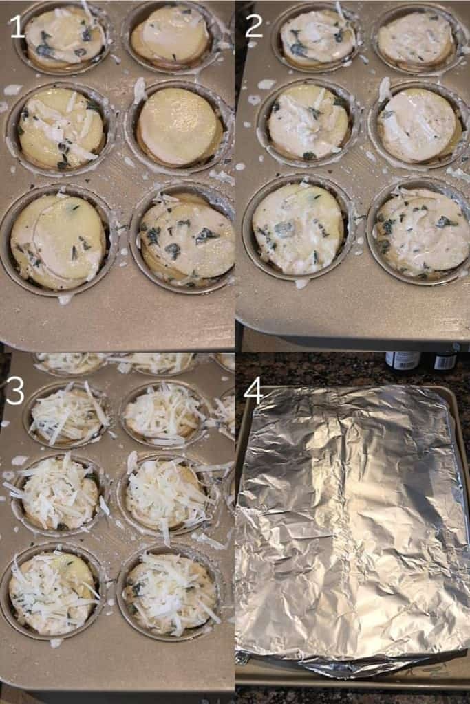 creamy herb potato slices in a muffin tin, topped with cheese