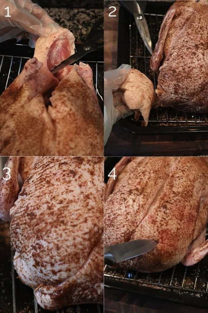 cutting neck and tail off and pricking the skin of the whole duck