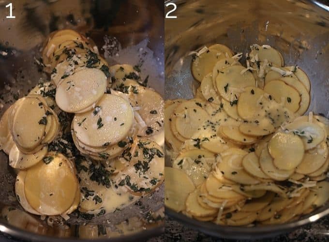 sliced potatoes soaking in herb cream sauce in a bowl