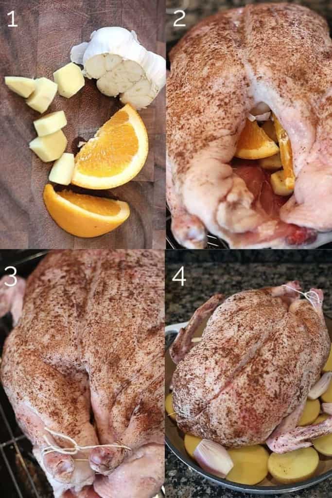 stuffing cavity of duck with oranges, ginger, and garlic
