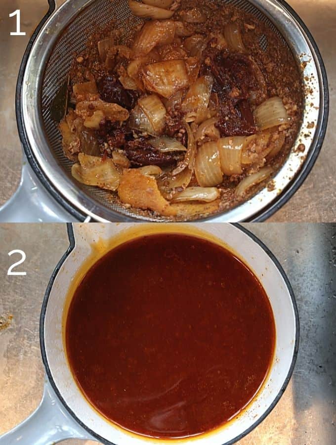 straining carnitas sauce into pot