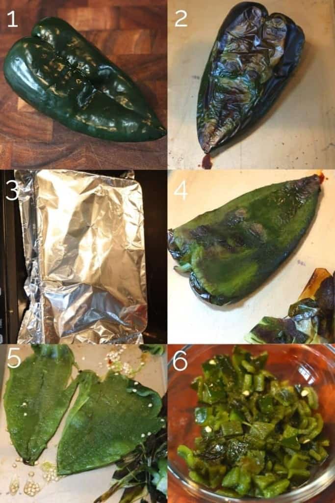 roasting a poblano, peeling skin off, and dicing roasted poblano pepper on a cutting board