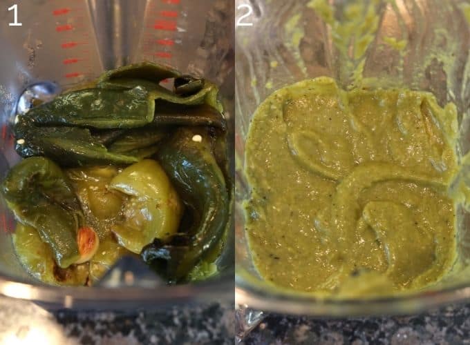 roasted poblano peppers, tomatillos, onions, in a blender being blended smooth