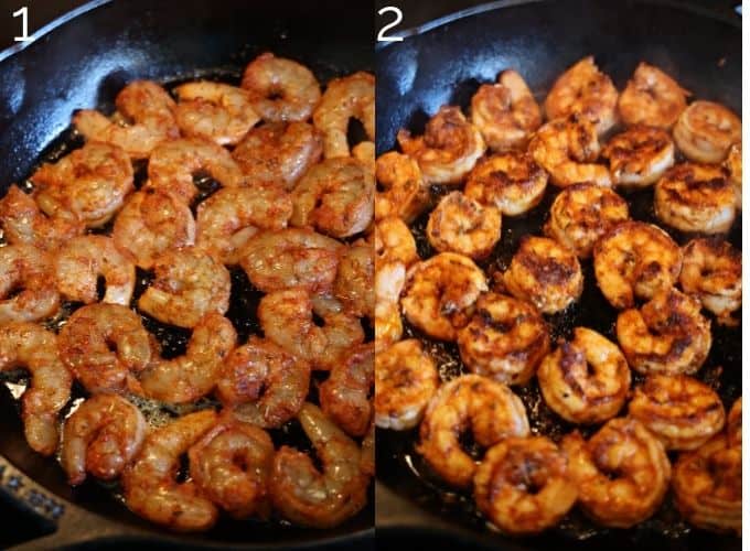 searing shrimp in a cast iron skillet