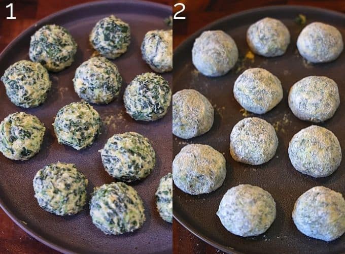dusting gnudi in flour on a plate 