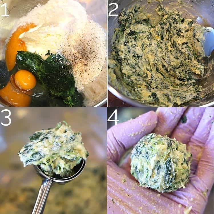 mixing parmesan, flour, spinach, ricotta and forming into gnudi balls