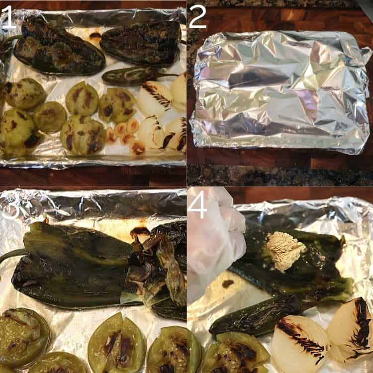 roasted poblano, tomatillo, and onions, being covered in foil then peeled