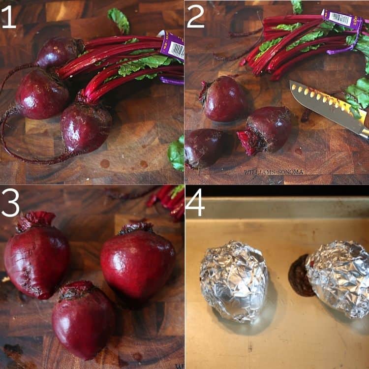 slicing beets off stem and wrapping in foil on a baking sheet