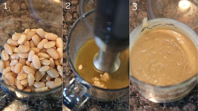 pureéing cannellini beans with immersion blender until smooth