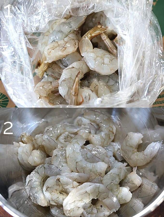 removing tails from peeled shrimp and placing in metal bowl
