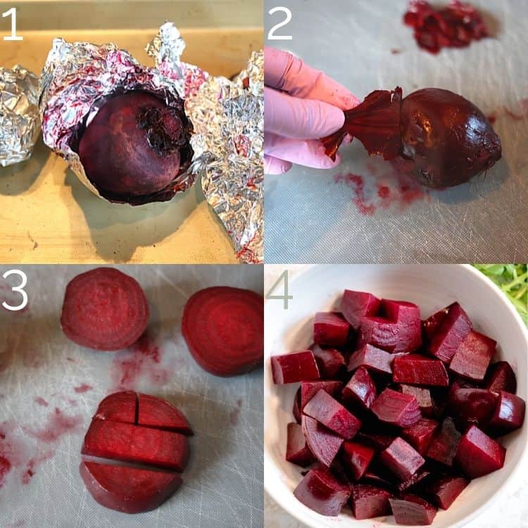 peeling skin off beets and dice the beets on a cutting board 
