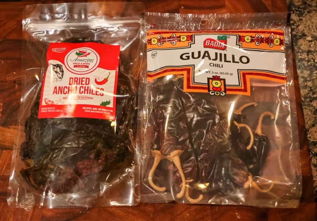 dried guajillo and ancho chiles in a plastic packaging