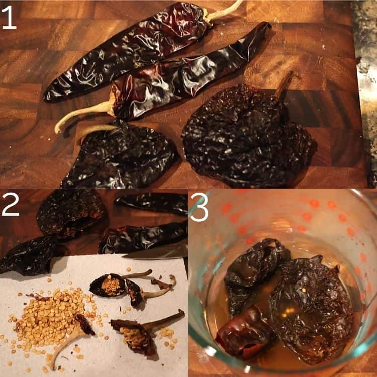 dried chile peppers on a cutting board, seeds out, then hot water being poured over them in a pyrex